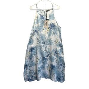 NWT Lungo L'arno M 100% Linen Pockets White Blue Dress Coverup Italy Euro‎ Vaca